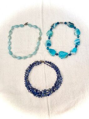 Lot of 3 Artisan Necklaces Real Stone Agate Chunky Triple Strand Blue Aqua